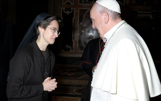 Pope Francis and Franciscan sister Raffaella Petrini in November 2021. Petrini is the first femal secretary general of the governorate. Photo AFP

