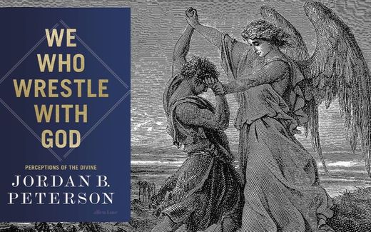 A depiction of Gustav Doré's Jacob Wrestling with the Angel along with the book, We Who Wrestle With God by Dr. Jordan B. Peterson. Photo X, Pavel Macek 