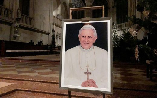 A photo of the former pope in a church in Regensburg, Germany. Photo AFP, Florian Cazeres