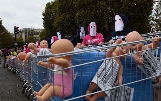 Baby dolls in trolleys during a protest against the use of surrogate mothers in France. Photo AFP, Alain Jocard