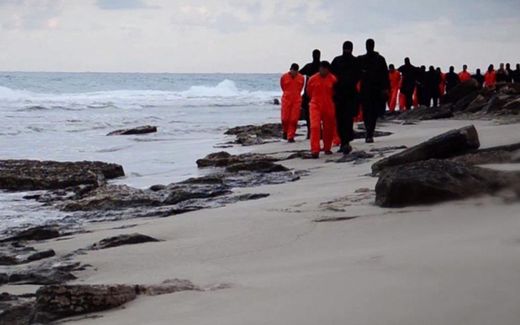 Coptic Christians in a video posted by Islamic State on February 15th, 2015. The AfD party in Germany tried to dedicate this date in February to the persecuted Christians in the world. Photo AFP, Al Hayat 
