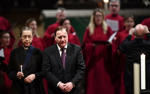 Swedish Prime Minister Stefan Lofven at a memorial service for the victims of Ukrainian Airlines crash in Iran at Storkyrkan church in Stockholm. Photo AFP, Jonathan Nackstrand

