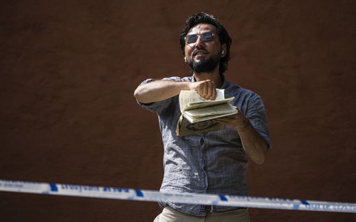 Salwan Momika protests outside a mosque in Stockholm. Photo AFP, Jonathan Nackstrand