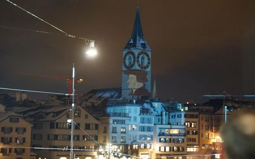 Image of the reformer Ulrich Zwingli on a church tower in Switzerland. Photo Facebook, Reformierte Kirche Kanton Zürich