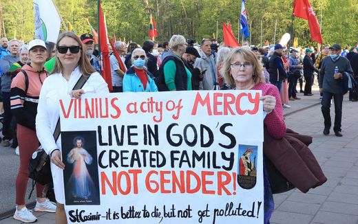 People take part in the protest campaign "The Great Family Defence March" protesting against laws that threaten the institution of a traditional family at Vingis Park in Vilnius. Photo AFP, Petras Malukas