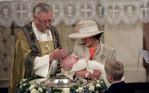 Norwegian Prince Sverre Magnus is held by his grandmother Queen Sonja as he is baptised by Oslo bishop Ole Christian Kvarme in the Chapel in the Royal Palace in Oslo. Photo AFP, Tor Richardsen
