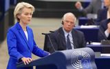 Commission President Von der Leyen speaking in the European Parliament on Wednesday morning, with High Representative Borrell in the background. Photo AFP, Frederick Florin
