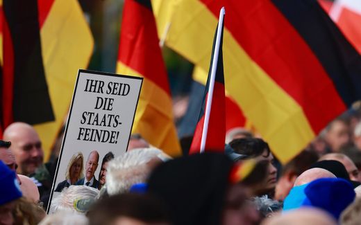 A person holds a banner with images of German Chancellor Olaf Scholz, Economy Minister Robert Habeck and Interior Minister Nancy Faeser, which reads 'You are enemies of the state', in a demonstration called for by the AfD. Photo EPA, Hannibal Hanschke
