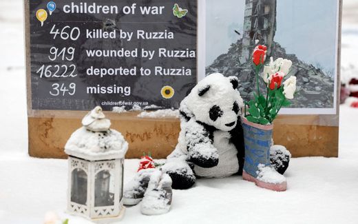 A makeshift memorial dedicated to children killed, wounded, deported and missing in the context of Russia's war against Ukraine is seen outside the Russian embassy in Berlin. Photo AFP, Odd Andersen
