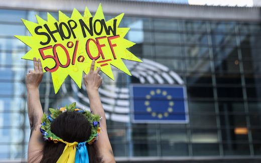 Three members of the feminist activist group Femen protest outside the European Parliament in Brussels against what they say is the inaction of the European Union in the face of the alledge sexual exploitation of Ukrainian refugees. Photo AFP, Aris Oikonomou 