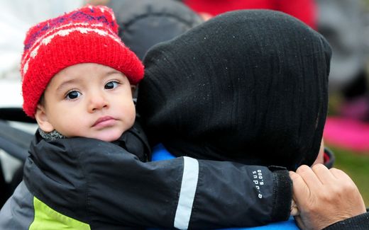 Migrants with a child at the Slovenian border with Croatia. About 15 per cent of the children born in Slovenia last year had a non-Slovenian parent. Photo EPA, Igor Kupljenik