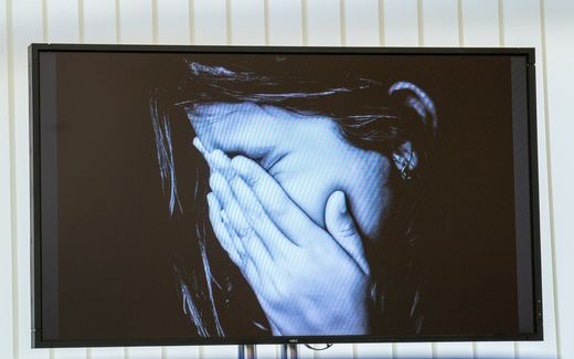 A screen shows a video advert against child pornography and sexual abuse of children during a press conference of the German Federal Criminal Police Office (BKA) and the police authorities of the federal states in Wiesbaden, Germany. Photo EPA, Thorsten Wagner