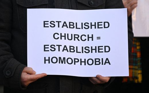 Pro-LGBT+ activists take part in a demonstration outside of Church House, in London. Photo AFP, Justin Tallis