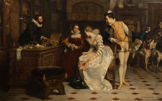 Jeanne d'Albret, accompanied by her son Henri de Navarre and Marguerite de Valois, comes to buy from René, perfumer of Catherine de Médicis, the gloves that poisoned her. A painting from Pierre Charles Comte. Photo Wikimedia Commons