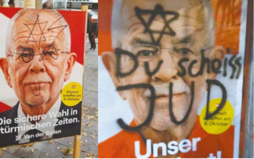 Antisemitic marks on the face of the Austrian President, Alexander Van der Bellen. Photo Antisemitismus Meldestelle