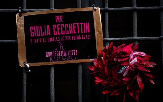 A photo shows a placard reading 'For Giulia Cecchettin and all the sisters killed before her - We will burn everything' placed outside the University of Milan during a demonstration following the killing of 22-year-old Giulia Cecchettin, in Milan. Photo AFP, Piero Cruciatti