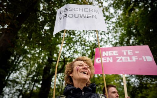 A group of protestors that demonstrate against the self-identification bill in the Netherlands. The boards read: "Protect women" and "Not to self-ID". Photo ANP, Phil Nijhuis

