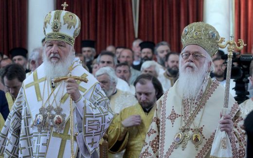 Archbishop Anastasios (right) and the Russian Patriarch Kirill in better times, in April 2018. Photo EPA, Malton Dibra