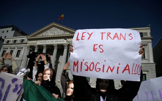 Protesters holding sign reading 'The trans law is misogynist' demonstrate against a trans rights law in front of the Spanish Congress, in Madrid. Photo AFP, Oscar del Pozo
