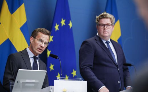 Sweden's Prime Minister Ulf Kristersson (L) speaks as Justice Minister Gunnar Strommer listens during a press conference about the security policy and measures to protect Swedish citizens, in Stockholm. Following the recent Koran burnings, the government is considering ramping up internal security and border controls, without restricting freedom of expression. Photo EPA, Caisa Rasmussen