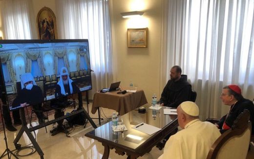 Conversation between Pope Francis and Patriarch Kirill in a video conference. Photo EPA, Vatican Media 