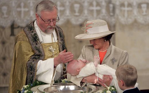 The Norwegian church is important for the royal family too. Prince Sverre Magnus is held by his grandmother Queen Sonja as he was baptised by Oslo bishop Kvarme in Oslo in March 2005. Photo AFP, Tor Richardsen