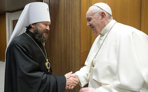 Pope Francis meeting with Hilarion, bishop of the Russian Orthodox Church, the titular Metropolitan of Volokolamsk, the chairman of the Department of External Church Relations and a permanent member of the Holy Synod of the Patriarchate of Moscow, during a private audience in The Vatican on October 6. Photo AFP, VATICAN MEDIA