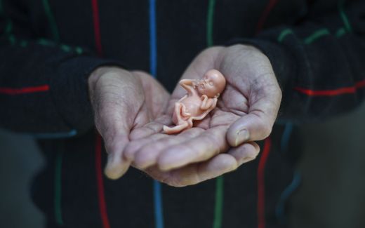 An anti-abortion protester with a model of a twelve week old fetus. photo EPA, Lukas Coch