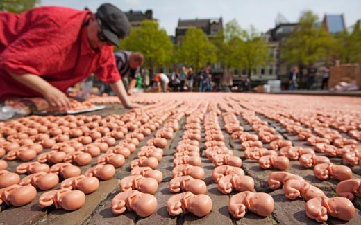 Several thousand plastic foetuses lie on a square in the Dutch government city of The Hague in protest against abortion. Photo ANP, Robin Utrecht