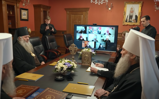 Holy Synod of the Ukrainian Orthodox Church (Moscow Patriarchate) last week. Still from video at news.church.ua